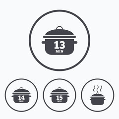 Cooking pan icons. Boil fifteen minutes.