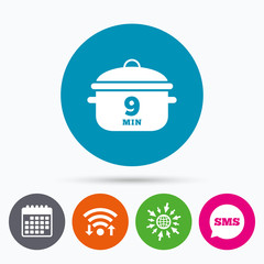 Boil 9 minutes. Cooking pan sign icon. Stew food