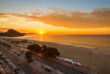 Fototapeta premium Sunrise on Copacabana and Leme beach in Rio de Janeiro, Brazil