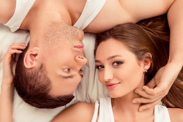 Close up portrait of  happy man  looking on  his girlfriend