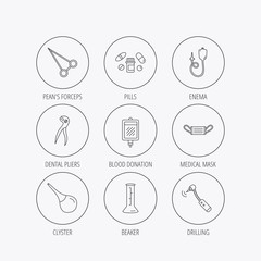 Medical mask, blood and dental pliers icons.