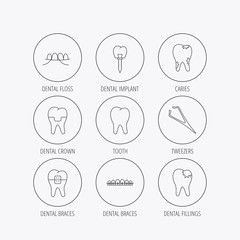 Dental implant, floss and tooth icons. Braces.