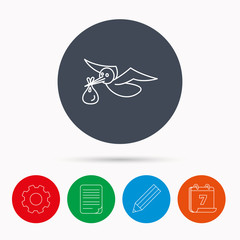 Fototapeta premium Stork with sack icon. Newborn baby symbol.
