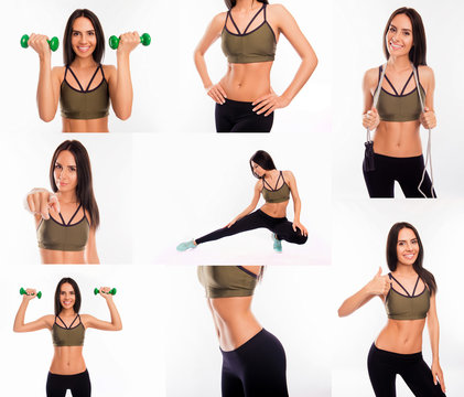 Collage of fit slim muscular woman going in for sports