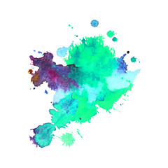 Abstract watercolor stain with splashes of  green and violet color