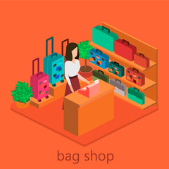 isometric infographic.Flat interior of luggage shop.