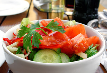 A delicious mixed salad of tomatoes, cucumber, cabbage, onion, paprika and lettuce in white porcelain bowl.