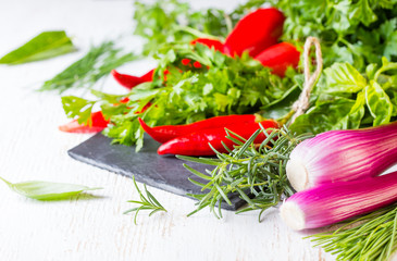 Fresh herbs, oil and seasoning. healthy food concept