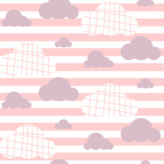 Baby girl vector seamless pattern. Light pink fun sky clouds print for textile fabric. Kids room decor print for wall, linen, surfaces. © YoPixArt