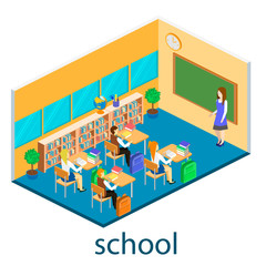 Isometric interior of school. Children learn at school