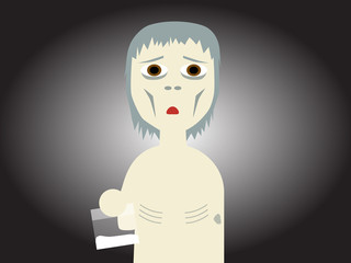 Flat vector illustration of a drug abused bony guy holding a plastic bag in which contains white powder