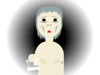 Flat vector illustration of a drug abused bony guy holding a plastic bag in which contains white powder