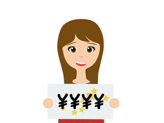 Flat vector illustration of a smiling young asian woman holding a winning yen lottery