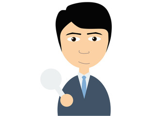 Flat vector illustration of a young asian guy in business suits holding a small circle blank plate on which your own text can be put