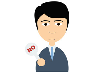 Flat vector illustration of a young asian guy in business suits holding a small plate on which No is written on white background