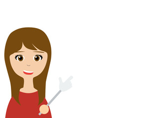 Flat vector illustration of a smiling saleswoman talking to you as pointing by using a hand shaped pointer