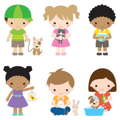 Vector illustration of children with pets including dog, cat, fish, bird, and rabbit.