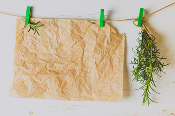 Banch of rosemary and paper hanging on white background