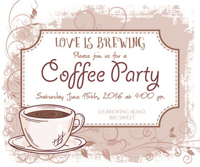 vector hand drawn coffee party invitation card, vintage frame, cup and leaves - 109655431
