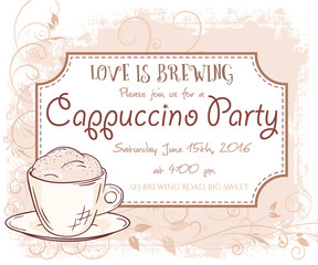 vector hand drawn cappuccino party invitation card, vintage frame, cup and leaves