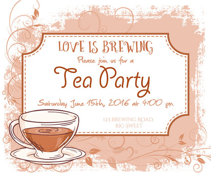 vector hand drawn tea party invitation card, vintage frame, cup and leaves