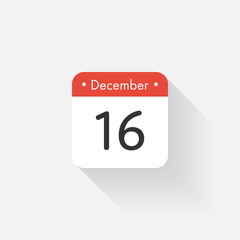 Calendar Icon with long shadow. Flat style. Date,day and month. Reminder. Vector illustration. Organizer application, app symbol. Ui. User interface sign. December. 16