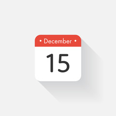 Calendar Icon with long shadow. Flat style. Date,day and month. Reminder. Vector illustration. Organizer application, app symbol. Ui. User interface sign. December. 15