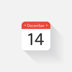 Calendar Icon with long shadow. Flat style. Date,day and month. Reminder. Vector illustration. Organizer application, app symbol. Ui. User interface sign. December. 14