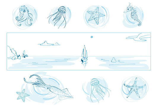 Set of sea theme for your design: octopus, jellyfish, starfish, seahorse, squid, sea landscape with sailboat/Hand drawn the inhabitants of the underwater world and waterscape