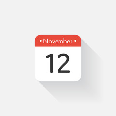 Calendar Icon with long shadow. Flat style. Date,day and month. Reminder. Vector illustration. Organizer application, app symbol. Ui. User interface sign. November. 12