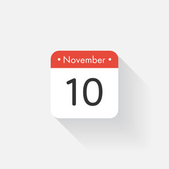 Calendar Icon with long shadow. Flat style. Date,day and month. Reminder. Vector illustration. Organizer application, app symbol. Ui. User interface sign. November. 10