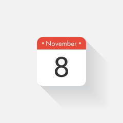 Calendar Icon with long shadow. Flat style. Date,day and month. Reminder. Vector illustration. Organizer application, app symbol. Ui. User interface sign. November. 8