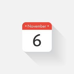 Calendar Icon with long shadow. Flat style. Date,day and month. Reminder. Vector illustration. Organizer application, app symbol. Ui. User interface sign. November. 6