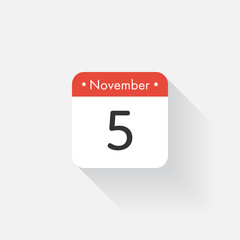 Calendar Icon with long shadow. Flat style. Date,day and month. Reminder. Vector illustration. Organizer application, app symbol. Ui. User interface sign. November. 5