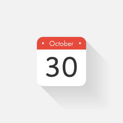 Calendar Icon with long shadow. Flat style. Date,day and month. Reminder. Vector illustration. Organizer application, app symbol. Ui. User interface sign.  October. 30