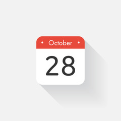 Calendar Icon with long shadow. Flat style. Date,day and month. Reminder. Vector illustration. Organizer application, app symbol. Ui. User interface sign.  October. 28