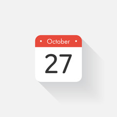 Calendar Icon with long shadow. Flat style. Date,day and month. Reminder. Vector illustration. Organizer application, app symbol. Ui. User interface sign.  October. 27
