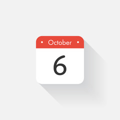 Calendar Icon with long shadow. Flat style. Date,day and month. Reminder. Vector illustration. Organizer application, app symbol. Ui. User interface sign.  October. 6