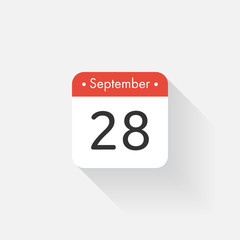 Calendar Icon with long shadow. Flat style. Date,day and month. Reminder. Vector illustration. Organizer application, app symbol. Ui. User interface sign. September. 28