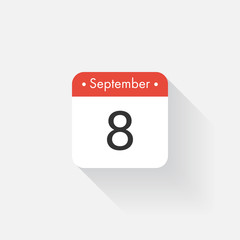 Calendar Icon with long shadow. Flat style. Date,day and month. Reminder. Vector illustration. Organizer application, app symbol. Ui. User interface sign. September. 8