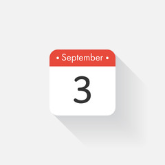 Calendar Icon with long shadow. Flat style. Date,day and month. Reminder. Vector illustration. Organizer application, app symbol. Ui. User interface sign. September. 3