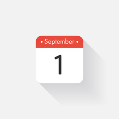 Calendar Icon with long shadow. Flat style. Date,day and month. Reminder. Vector illustration. Organizer application, app symbol. Ui. User interface sign. September. 1