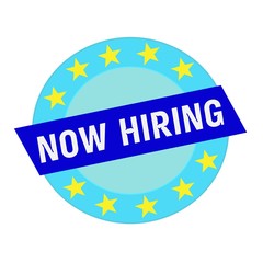 now hiring white wording on blue Rectangle and Circle blue stars