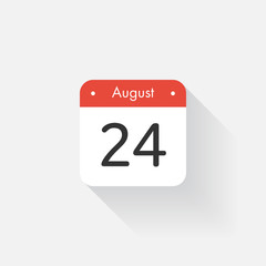 Calendar Icon with long shadow. Flat style. Date,day and month. Reminder. Vector illustration. Organizer application, app symbol. Ui. User interface sign. August. 24