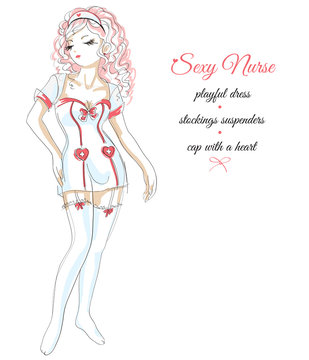 Young sexy nurse, colored sketch, graphic/The girl in nurse costume, bonnet, stockings, suspenders, sexy underwear