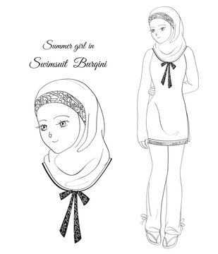 Girl in Swimsuit Burqini/Linear vector image of a girl in a swimsuit Burqini - a full-length and approximate portrait