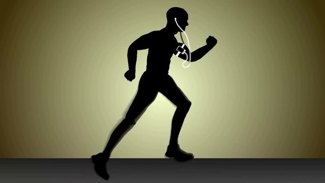 Seamless looping animation of a running man with earphones silhouette including alpha matte