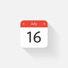 Calendar Icon with long shadow. Flat style. Date,day and month. Reminder. Vector illustration. Organizer application, app symbol. Ui. User interface sign. July. 16