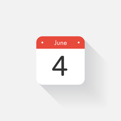 Calendar Icon with long shadow. Flat style. Date,day and month. Reminder. Vector illustration. Organizer application, app symbol. Ui. User interface sign. June. 4