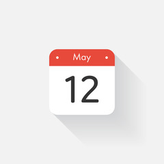 Calendar Icon with long shadow. Flat style. Date,day and month. Reminder. Vector illustration. Organizer application, app symbol. Ui. User interface sign. May. 12